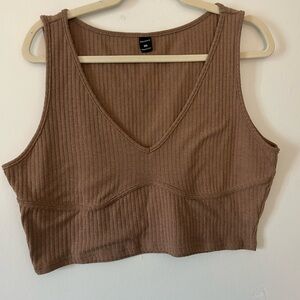 Brown Ribbed V-Neck Crop Top
